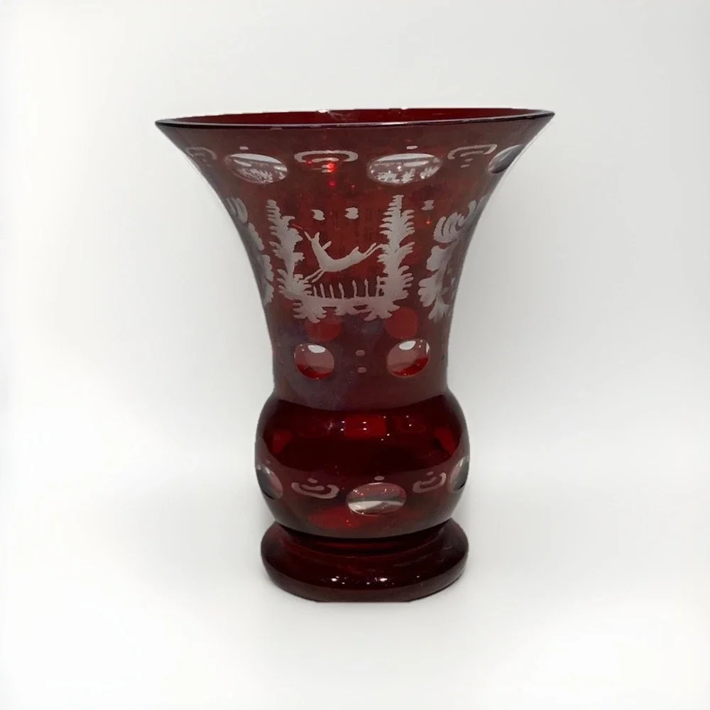 Vintage Bohemian Cranberry Red to Clear Etched Glass Vase w/Deer Castle Pattern